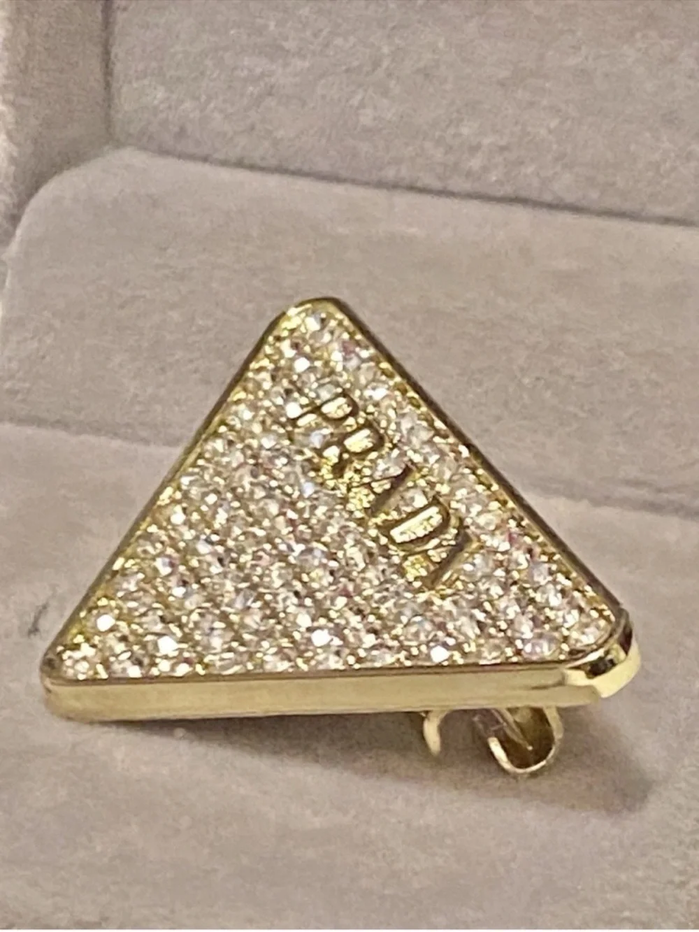 Prada Gold Crystal Triangle Logo Pin brooch unisex